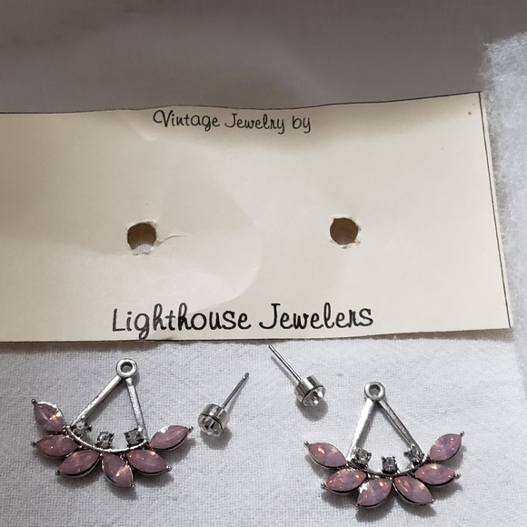 J Crew Opal Pink Crystals Marquis Silvertone Jacket Pierced Earrings - Picture 4 of 4